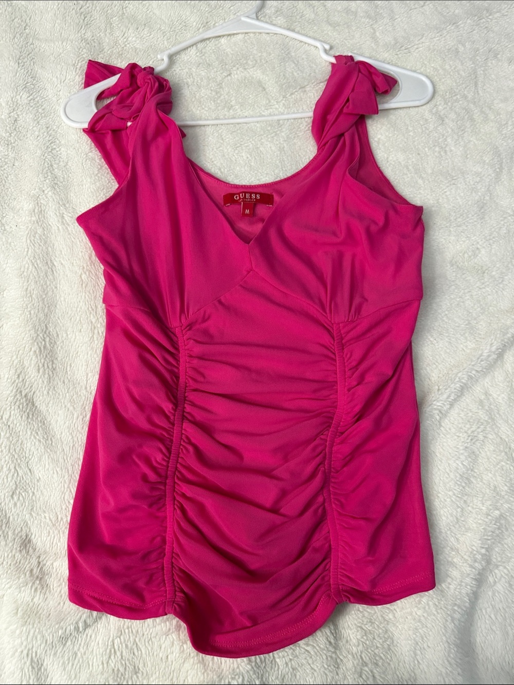 GUESS Hot Pink Ruched Tank Top with Bow Shoulder Ties